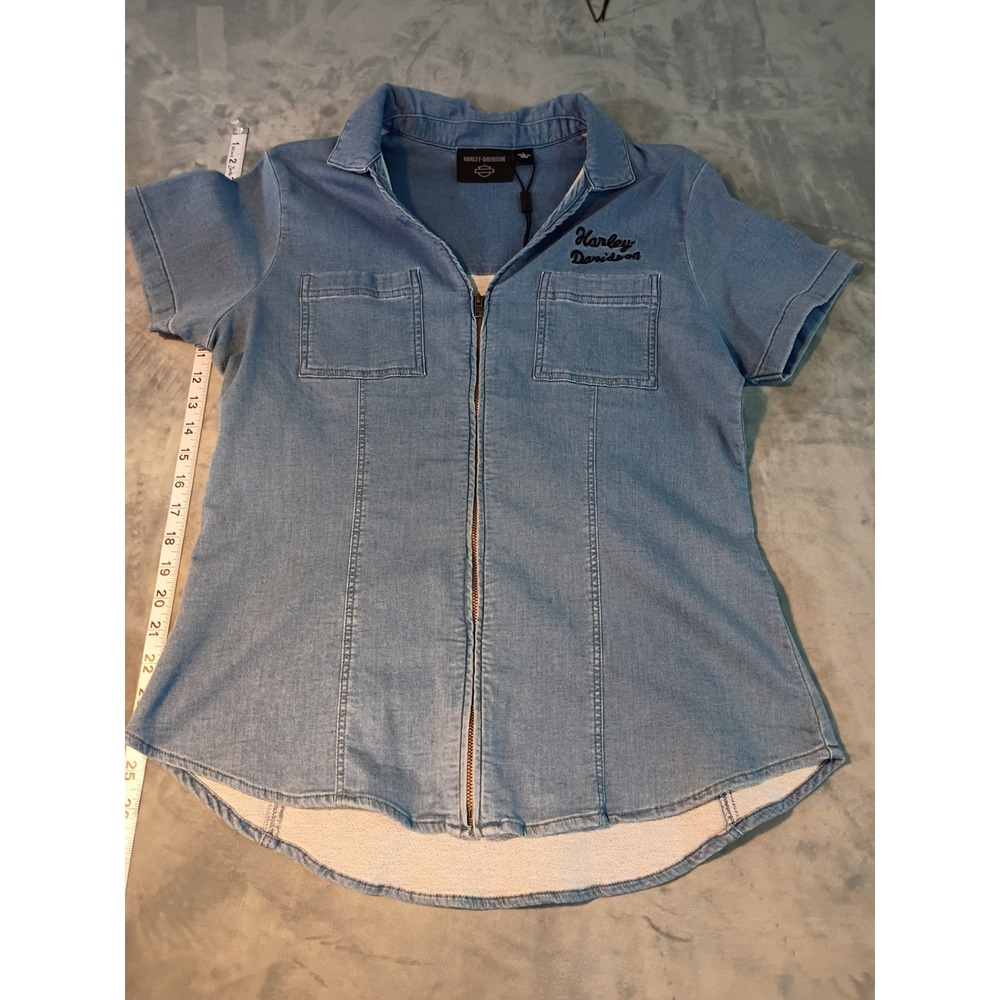 Harley-Davidson Womens Blue Denim Zip Front Short Sleeve Shirt Light Wash Large